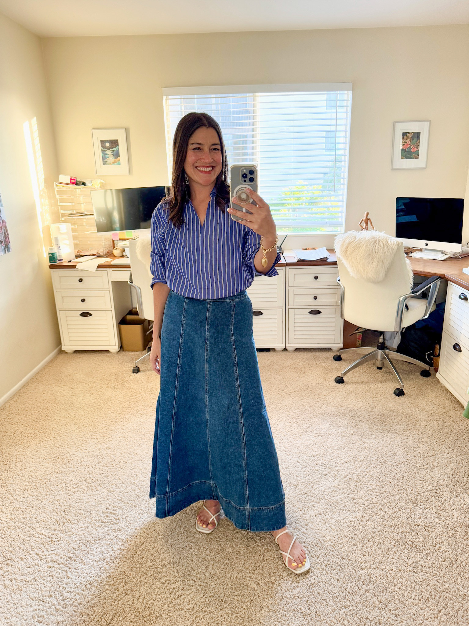 Fall Outfit: I paired a collard pinstripe top from Vince with a maxi denim skirt by 1.STATE, along with white sandals by Dolce Vita and a gold heart bracelet by Roxanne Assoulin. 

 

#LTKSaleAlert #LTKOver40 #LTKSeasonal