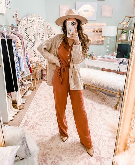 Cutest rust colored jumpsuit for fall 🍁🍂 Perfect to layer with! 

#LTKSale #LTKSeasonal #LTKunder50
