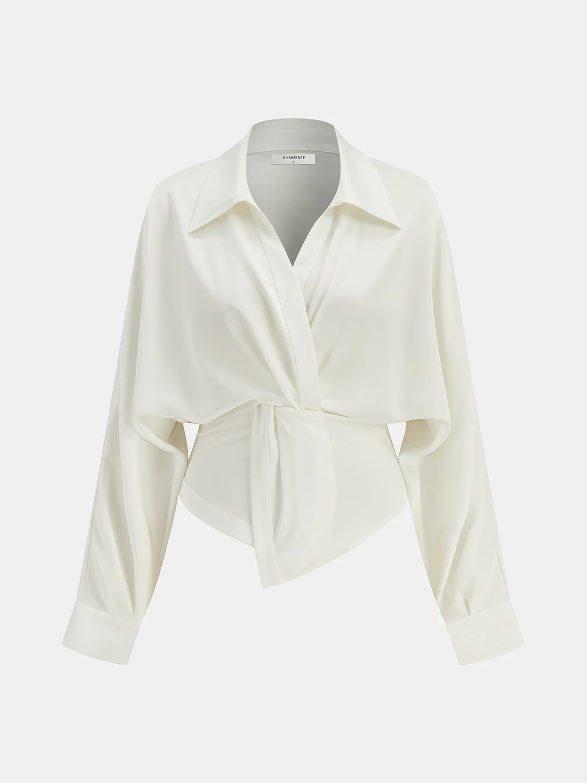 Collared Twisted Front Long Sleeve Shirt | Commense