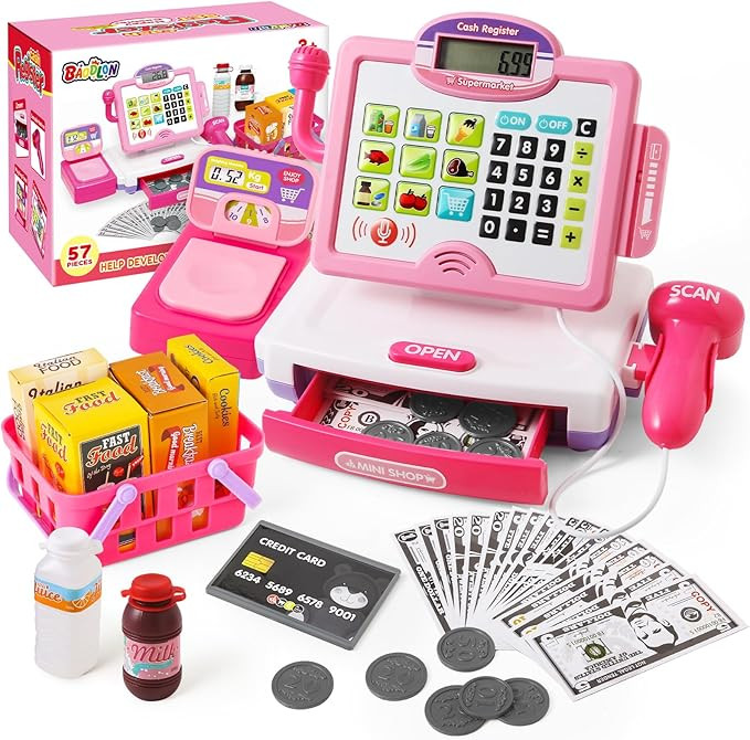 Play Calculator Cash Register Toy Gift for Kids Girls Age 3, 4, 5, 6, 7, 8+ Year Old, 57 Pcs Pink... | Amazon (US)