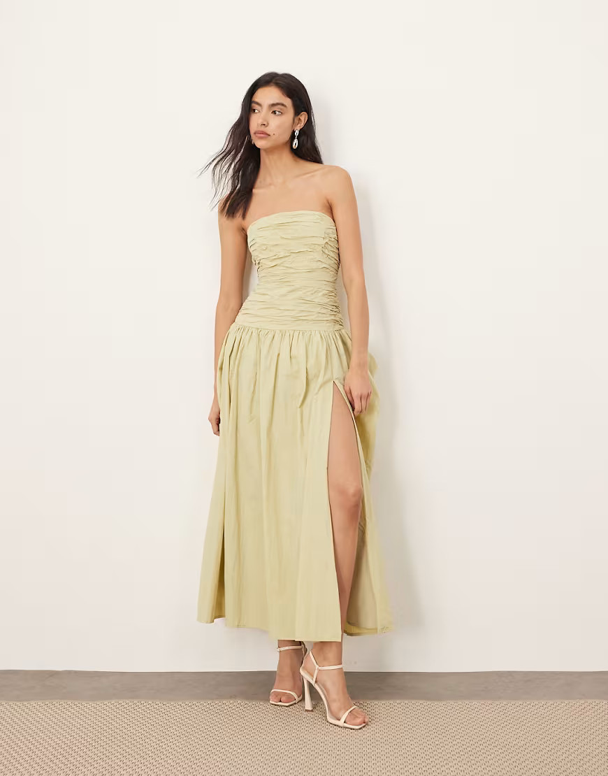 ARRANGE square cut bandeau midi dress in light olive-Green | ASOS (Global)