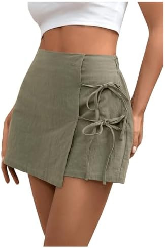 Floerns Women's Solid Wrap Front Linen Skirt Drawstring Skort Shorts | Amazon (US)