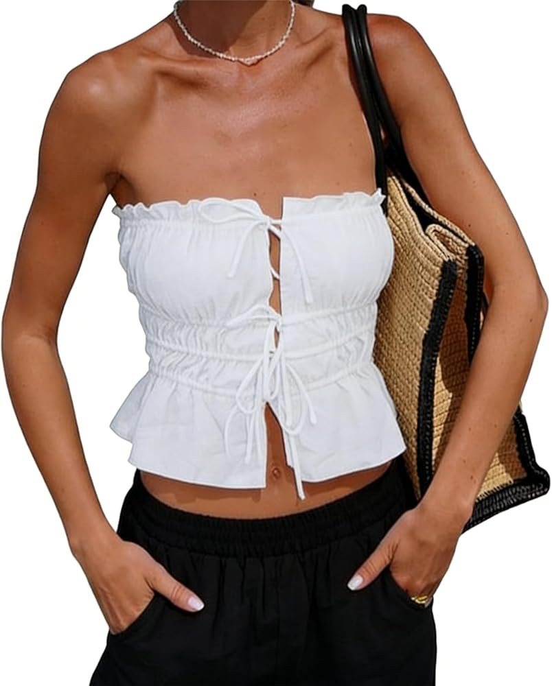 Womens Tie Front Crop Tops Cute Ruffle Ruched Tank Tops Y2K Going Out Shirts | Amazon (US)