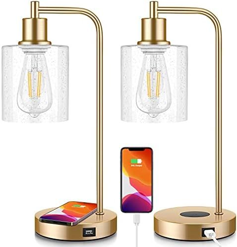 Set of 2 Wireless Charging Industrial Table Lamps Gold 3-Way Touch Control Dimmable Desk Lamp wit... | Amazon (US)