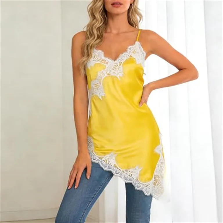 Satin Tops for Women Deep V Neck Spaghetti Strap Tank Top Lace Trim Asymmetrical Hem Silky Casual... | Walmart (US)