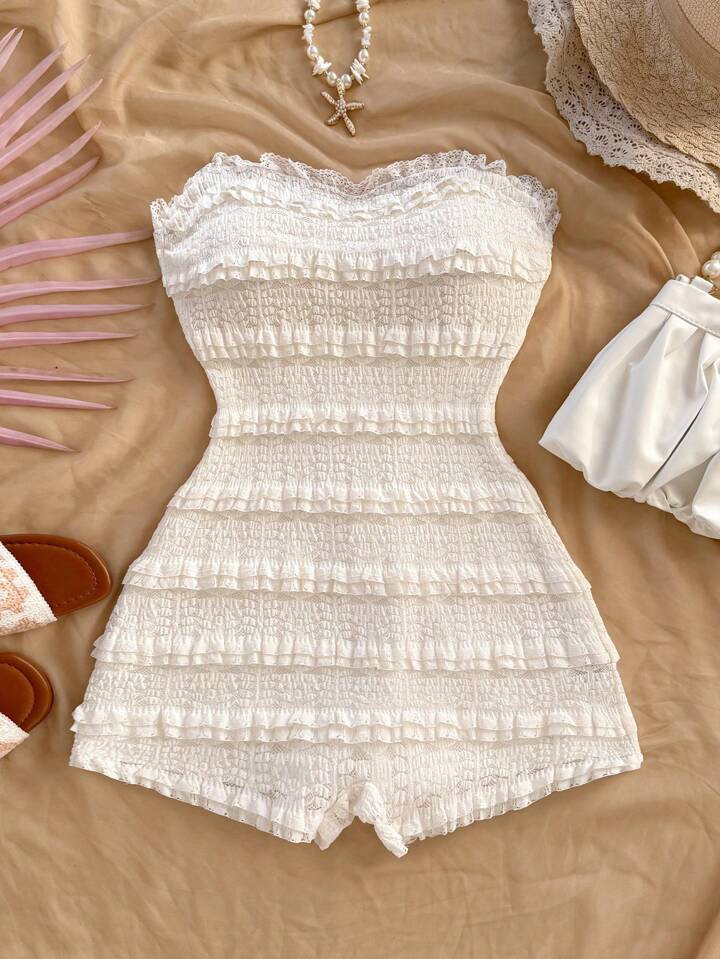 Soleia Lace Trim Textured Bandeau Elastic Bodycon Romper | SHEIN