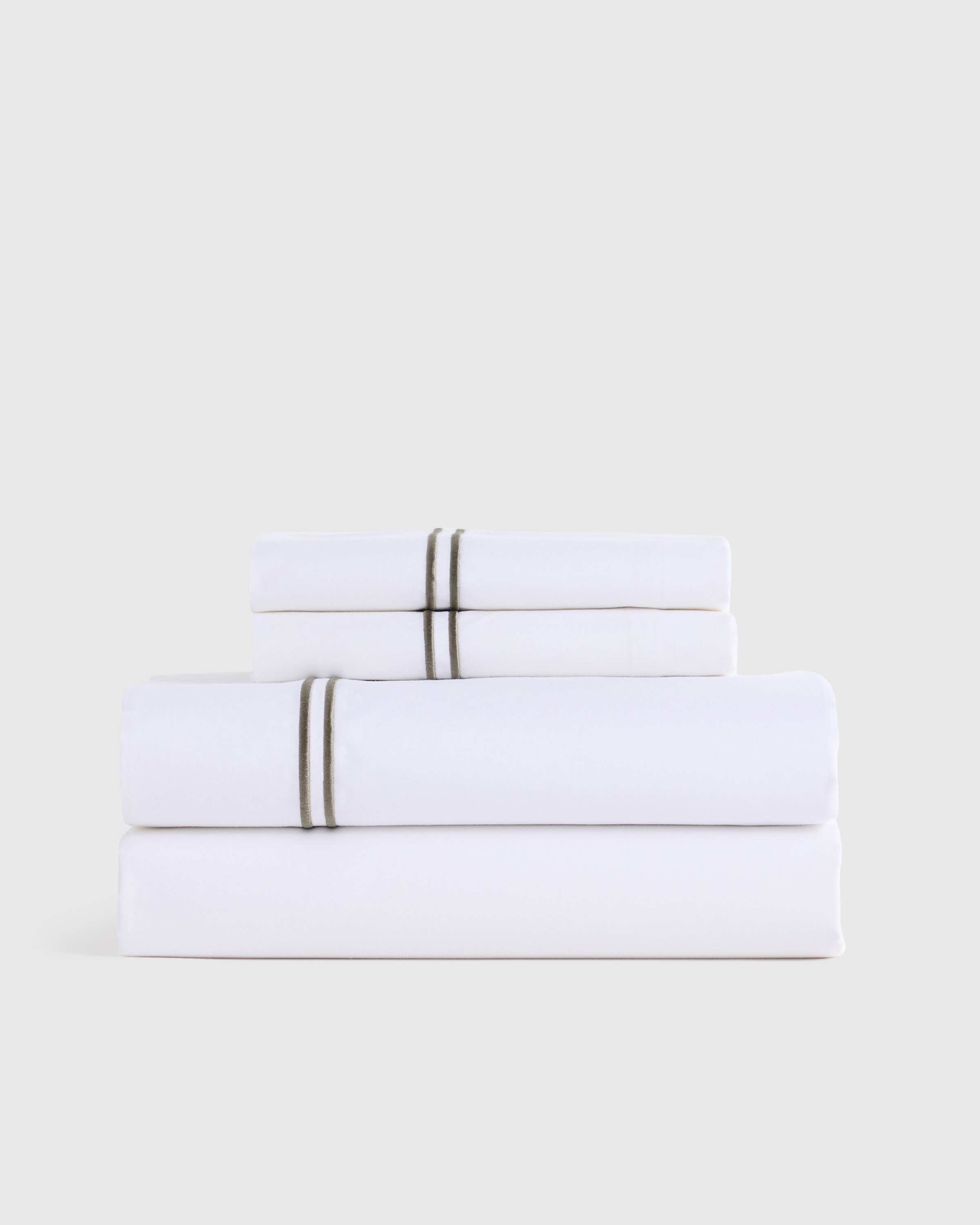 Quince | Organic Crisp Percale Sheet Set in Dusty Olive Embellished, Size Queen, Percale Cotton | Quince