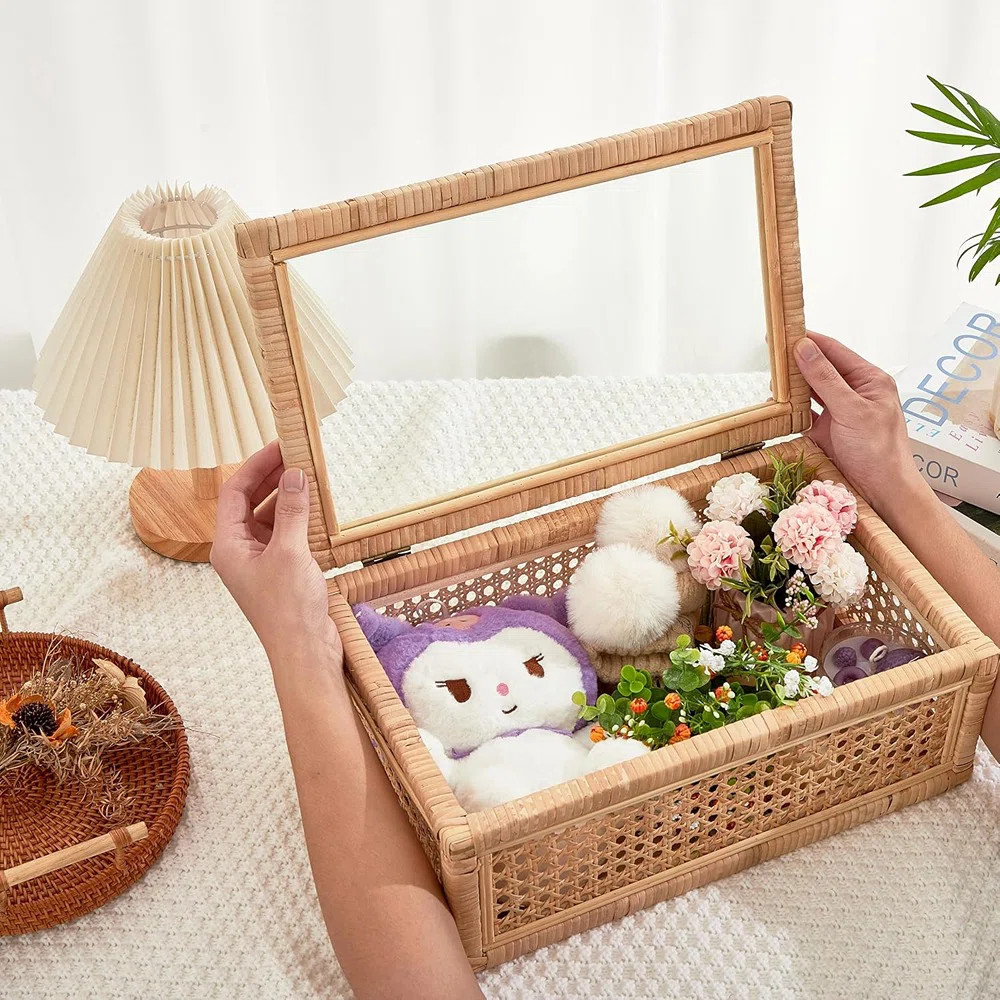 Boho Rattan Display Boxes With Glass Lids, Set Of 2 Rectangular Decorative Storage Box, Handwoven... | Wayfair North America