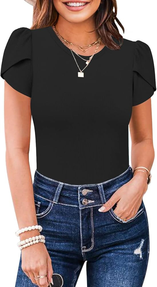 MISSJOY Womens Summer Short Sleeve Bodysuits Crew Neck Ribbed Petal Sleeve Stretchy Slim Fit Leot... | Amazon (US)