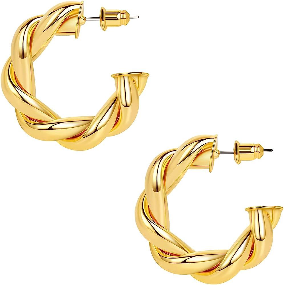 Reoxvo Gold Twisted Hoop Earrings for Women,18K Gold Plated Hollow Chunky Hoop Earrings for Women Th | Amazon (US)