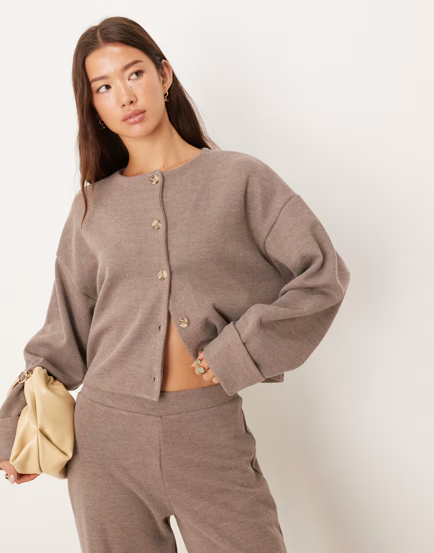 ASOS DESIGN soft touch button through cardigan in mocha - part of a set-Brown | ASOS (Global)