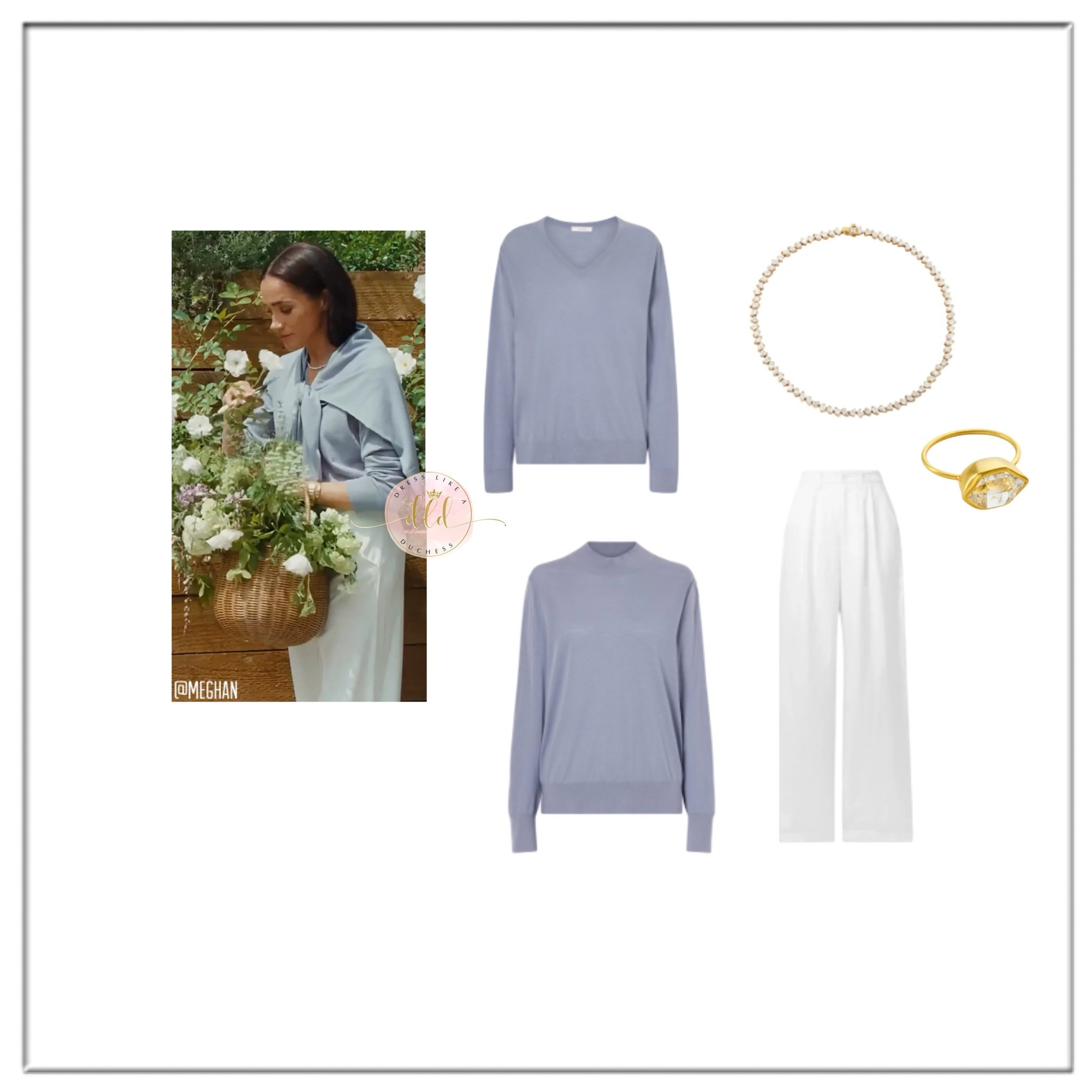 5/11/26 Meghan Markle in a New As Ever campaign wearing The Row Naius and Nari sweaters in the color Blue  (according to her OneOff site) + Anine Bing Carrie pants + Pippa Small Herkimer Metamorphic Ring