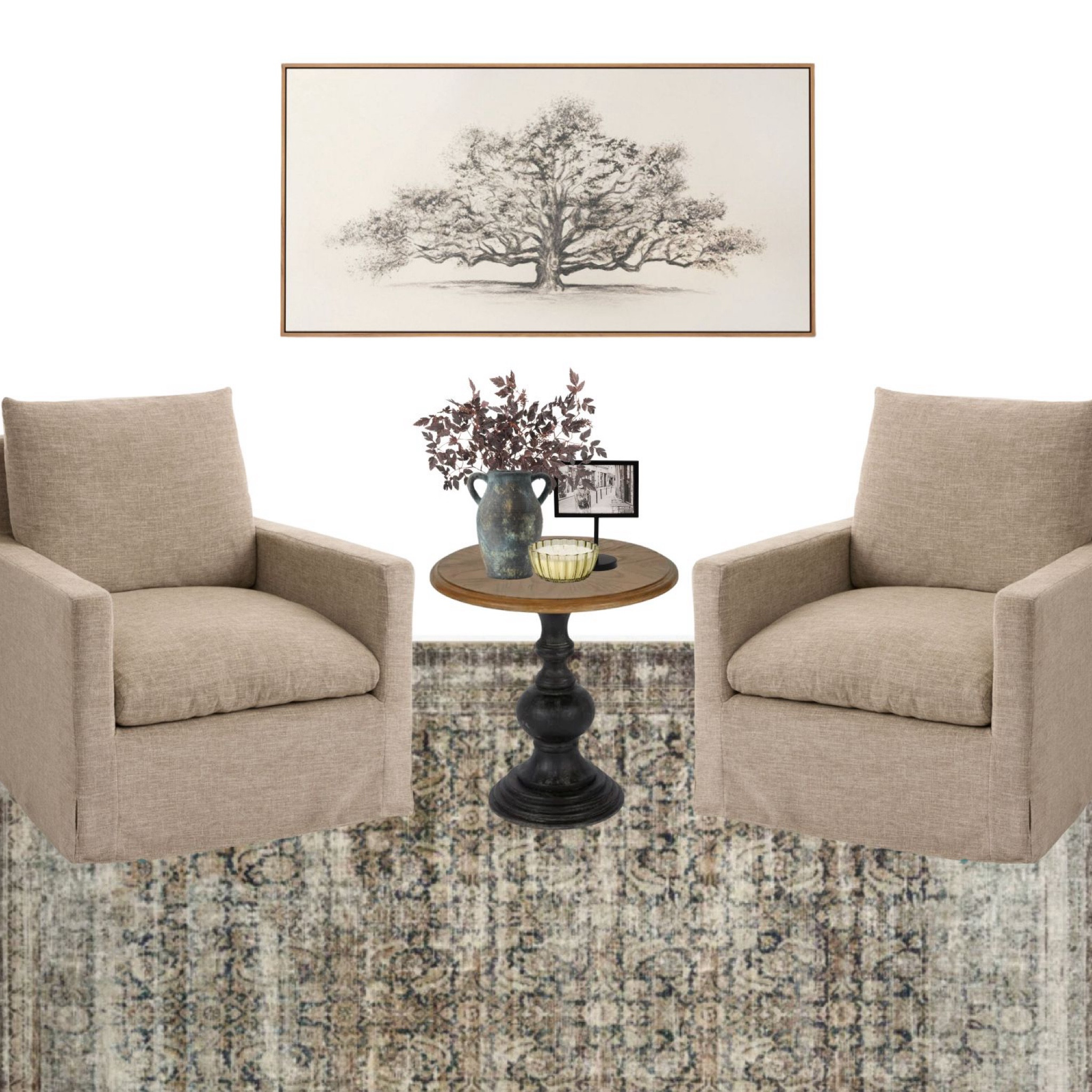 Living room design including accent chairs, wall art, side table, area rug, frame, faux pot, faux stems, and glass candle! #loloi #arearug #chair #wallart #sidetable #livingroom #furniture 

#LTKFindsUnder100 #LTKFindsUnder50 #LTKHome