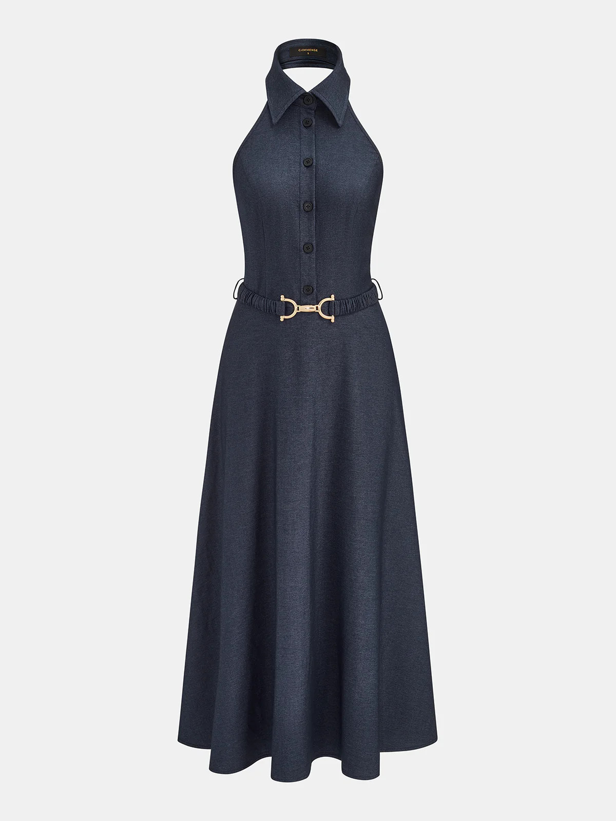 Halter Belted Collared Denim Maxi Dress | Commense