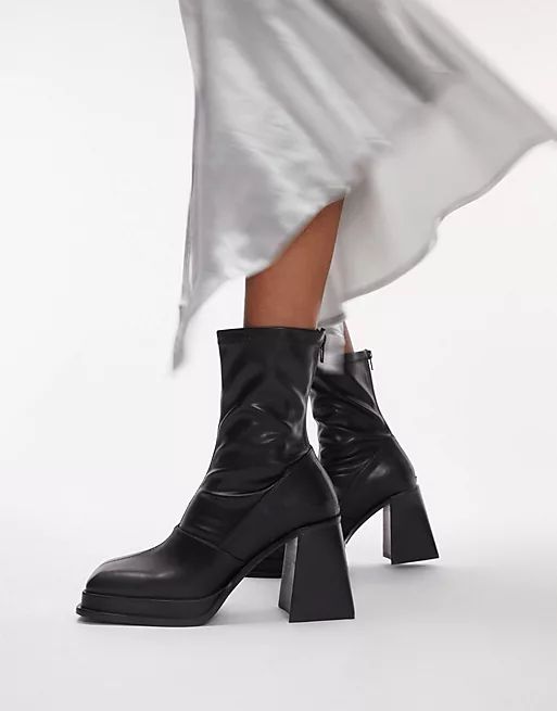Topshop Wide fit Maddie block heel sock boot in black | ASOS (Global)