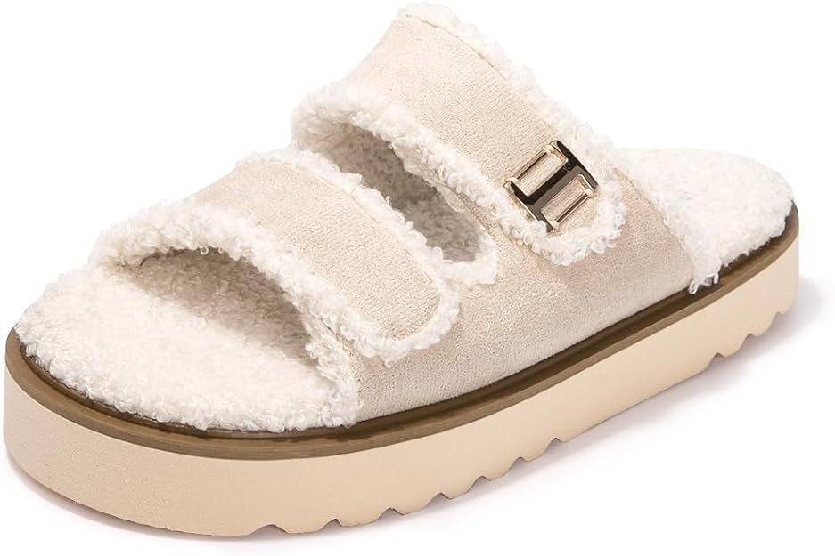 FUNKYMONKEY Women's Comfort Fur Slippers Double Buckle Adjustable with Cozy Lining,Faux Fur Cork ... | Amazon (US)