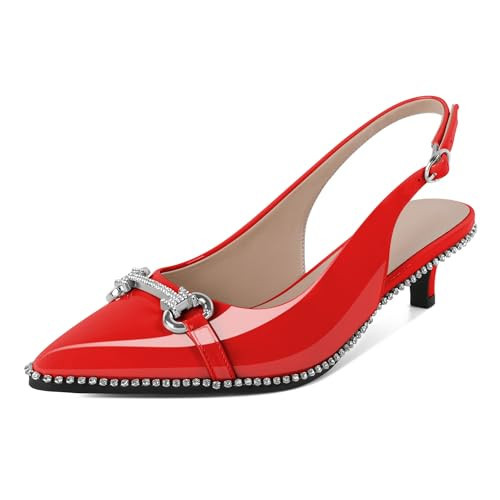 Soireelady Slingback Kitten Heels for Women Rhinestones Pumps Pointy Toe Low Kitten Heel Pumps Dress Shoes 1.5 Inches Red US Size 10 | Amazon (US)