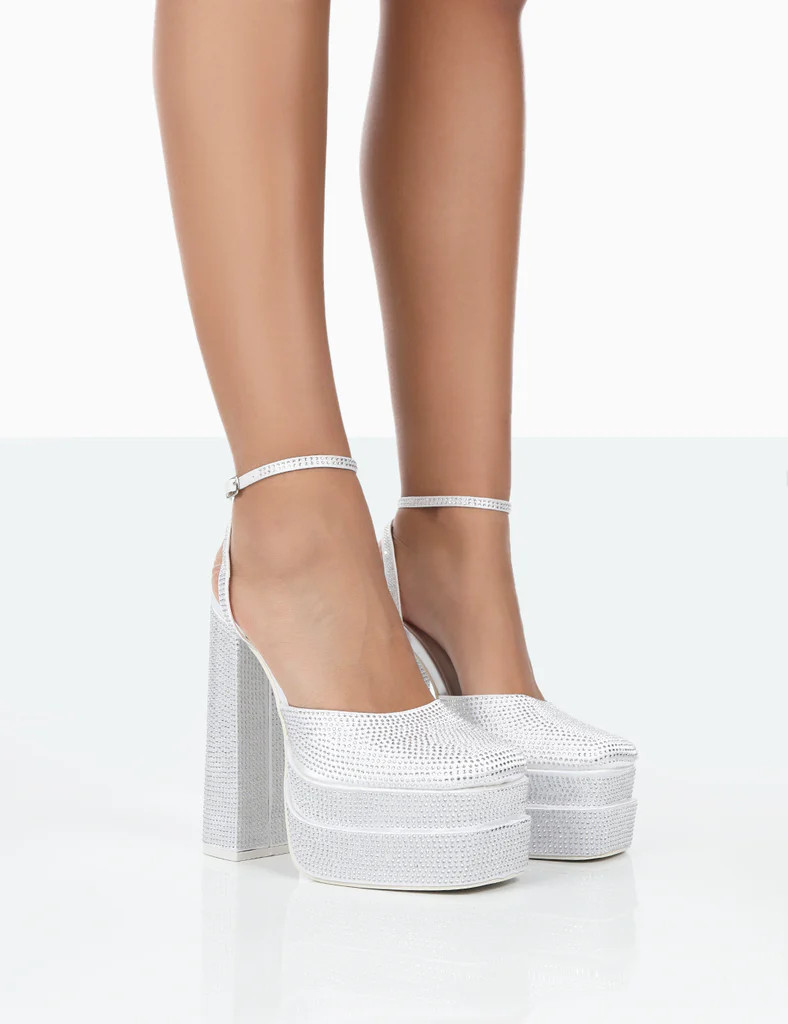 Moonchild White Diamanté Satin Closed Toe Statement Platform Block Heels | Public Desire