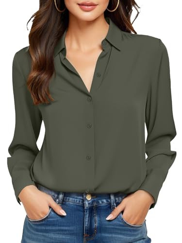 COUXILY Army Green Dress Shirts for Women Button Down Blouses Tops Olive Collared Women's Silk Blouse Long Sleeve Business Slim Fit Collar Wrinkle Free Formal Casual Work Army Green Size M | Amazon (US)