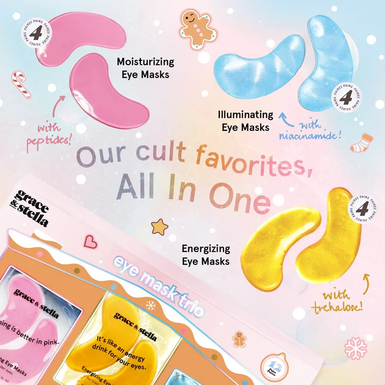 Grace & Stella Holiday Eye Mask Trio 12 pairs (4 Gold, 4 Pink, 4 Blue) | Walmart (US)