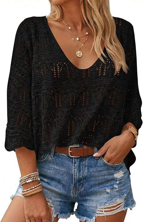 Saodimallsu Womens Crochet Cover Up Tops 3/4 Sleeve V Neck Summer Boho Knit Beach Coverups 2026 R... | Amazon (US)