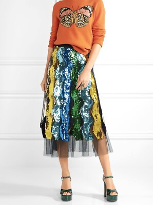 GUCCI Fall 2016 Multicolor Rainbow Sequin Black Tulle Women’s Pleated Midi Skirt | eBay | eBay US