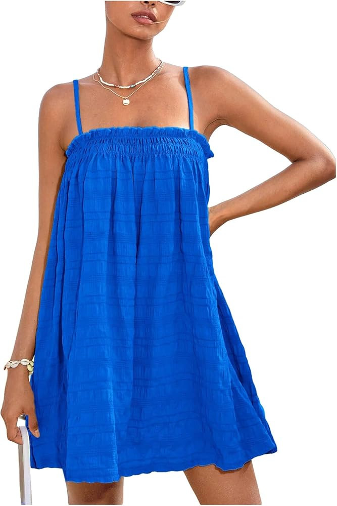 Amazon.com: MakeMeChic Women's Casual Sleeveless Summer Cami Dress Ruffle Swing Shirred Mini Shor... | Amazon (US)