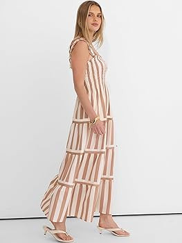 Caracilia Womens Summer Maxi Dresses Floral Smocked Sleeveless Ruffle Boho Casual Flowy Aline Bea... | Amazon (US)