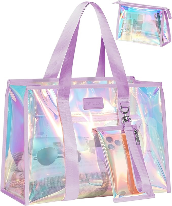 Iridescent Beach Bags for Women, Large Jelly Tote Bag with Phone Pouch & Makeup Bag - Waterproof ... | Amazon (US)