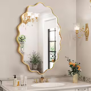 Hochwertiges 24 in. W x 36 in. H Oval Gold Aluminum Alloy Framed Scalloped Wavy Wall Mirror HD-MR... | The Home Depot