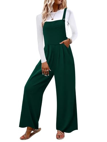 OYOANGLE Women's Casual Loose Wide Leg Pinafore Pants with Pocket Overalls jumpsuit Dark Green L | Amazon (US)