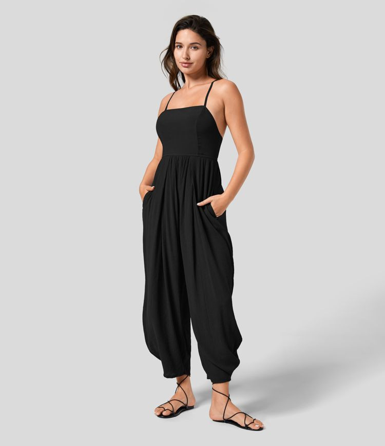 Spaghetti Strap Backless Lace Up Plicated Side Pocket Resort Jumpsuit | HALARA