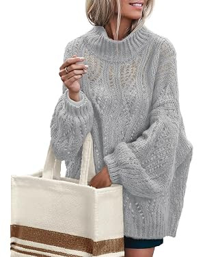 MEROKEETY Fall Sweaters for Women 2025 Oversized Pullover Crochet Lantern Long Sleeve Mock Neck C... | Amazon (US)