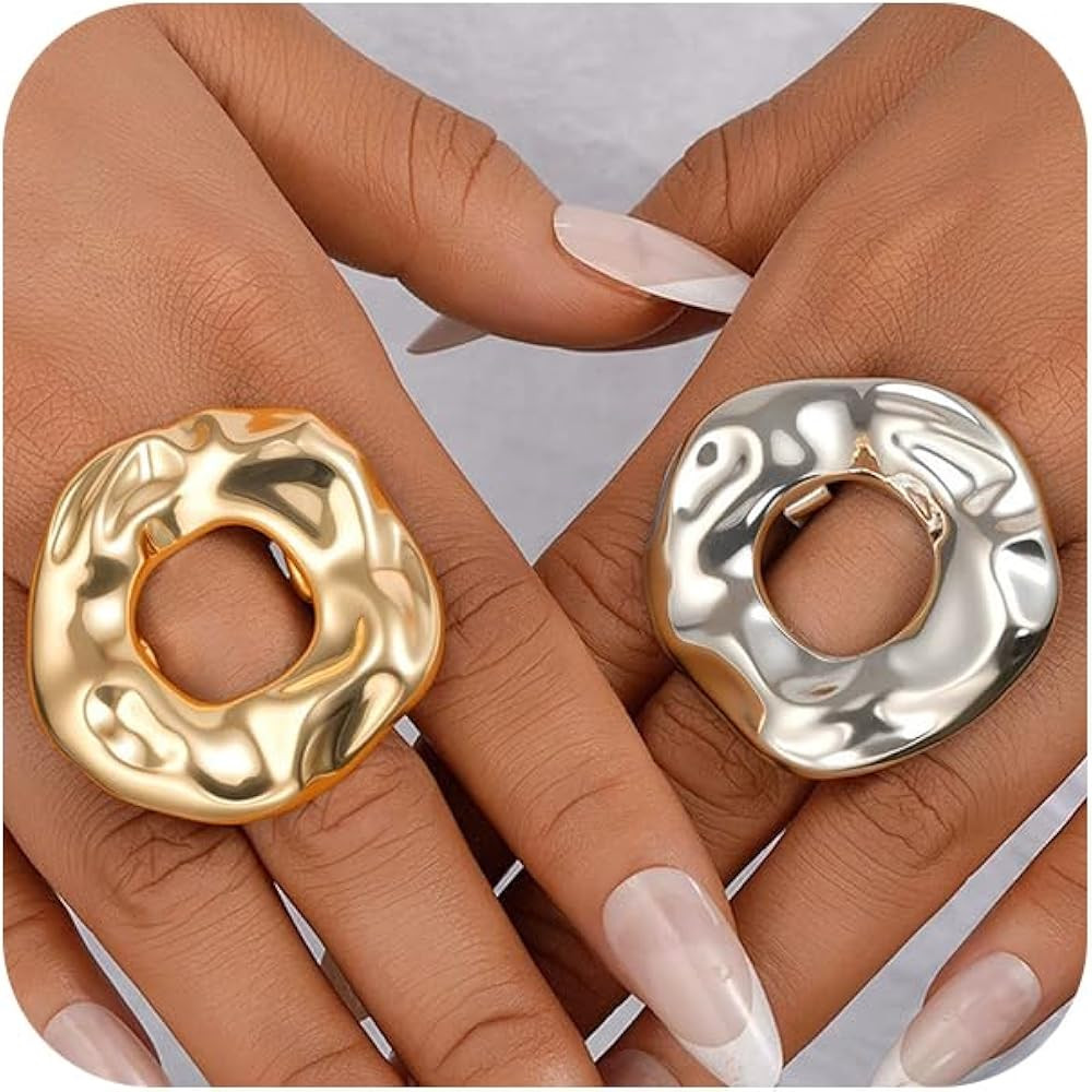2Pcs Chunky Gold Silver Round Hollow Knuckle Rings for Women Trendy, Vintage Simple Irregular Ova... | Amazon (US)
