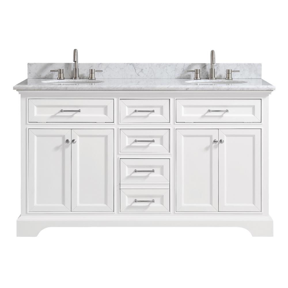 Windlowe 61 in. W x 22 in. D x 35 in. H Bath Vanity in White with Carrera Marble Vanity Top in Wh... | The Home Depot