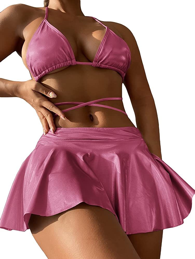 MakeMeChic Women's 3 Piece Swimsuit Metallic Halter Triangle Bikini Set with Beach Skirt | Amazon (US)