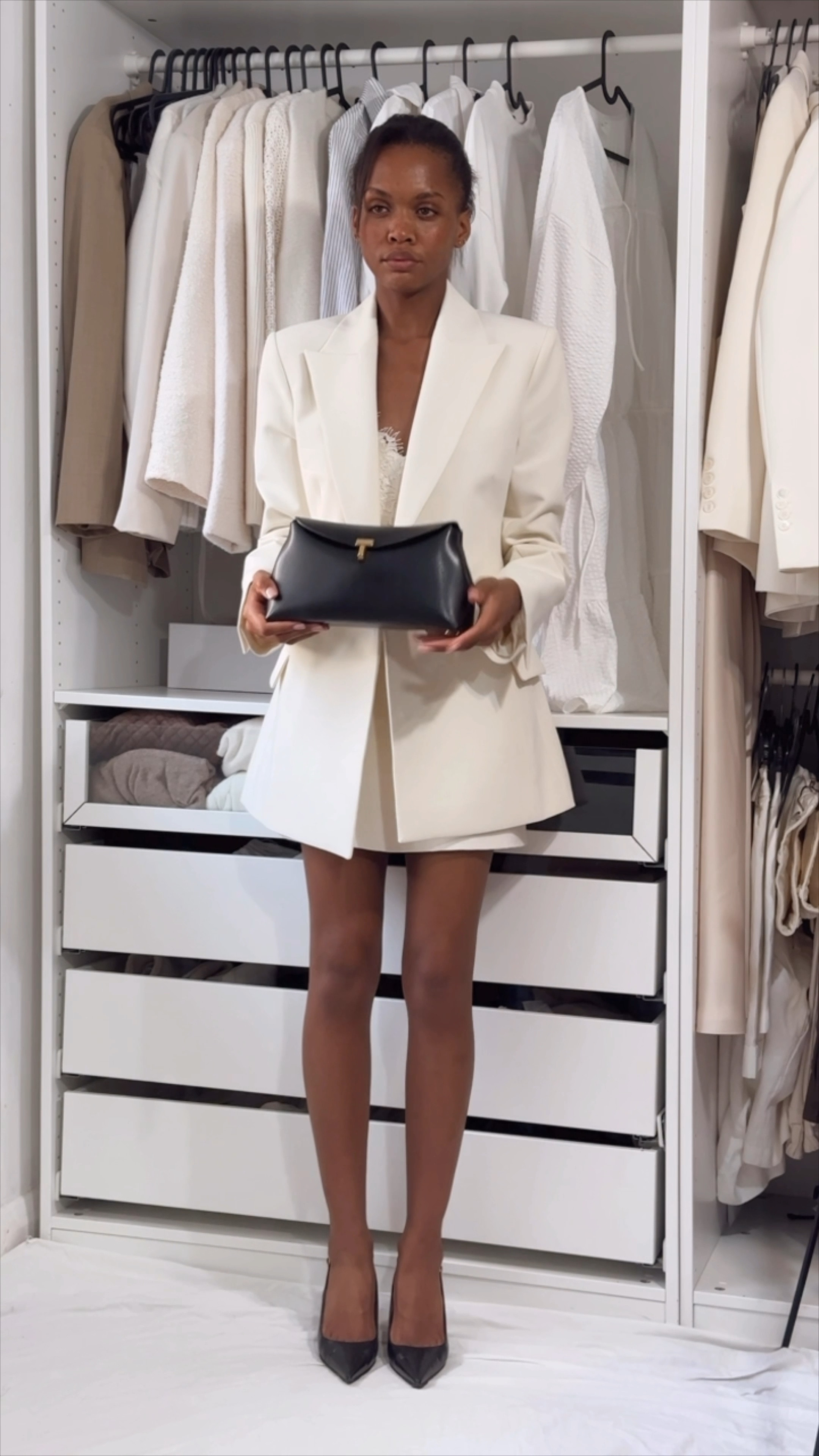 Evening outfit, neutrals, classic outfit, black and white outfit, fitted blazer, knitted mini skirt, lace cami vest top, clutch bag, Toteme 

#LTKstyletip #LTKsummer #LTKuk