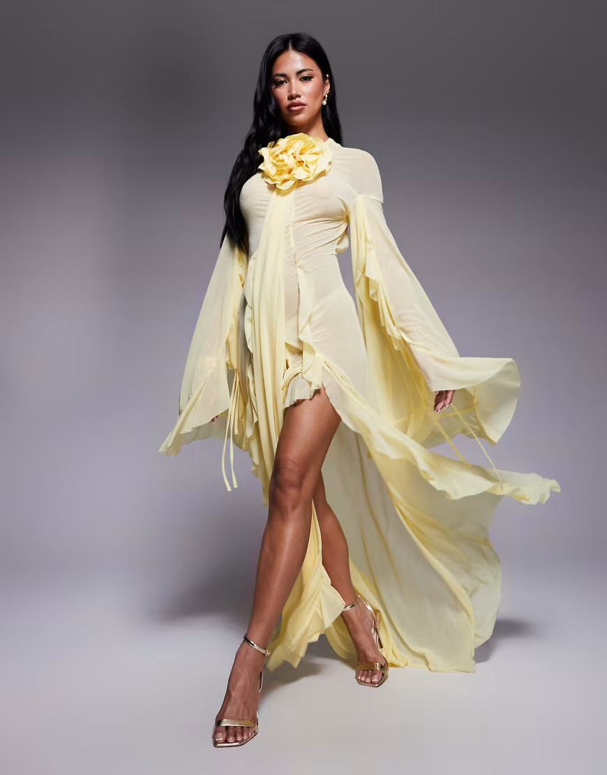 ASOS DESIGN corsage extreme ruffle maxi dress in butter yellow | ASOS (Global)