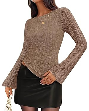ZESICA Womens Lace Mesh Long Sleeve Shirts Fall Double Lined Boat Neck Slim Fit Asymmetrical Goin... | Amazon (US)