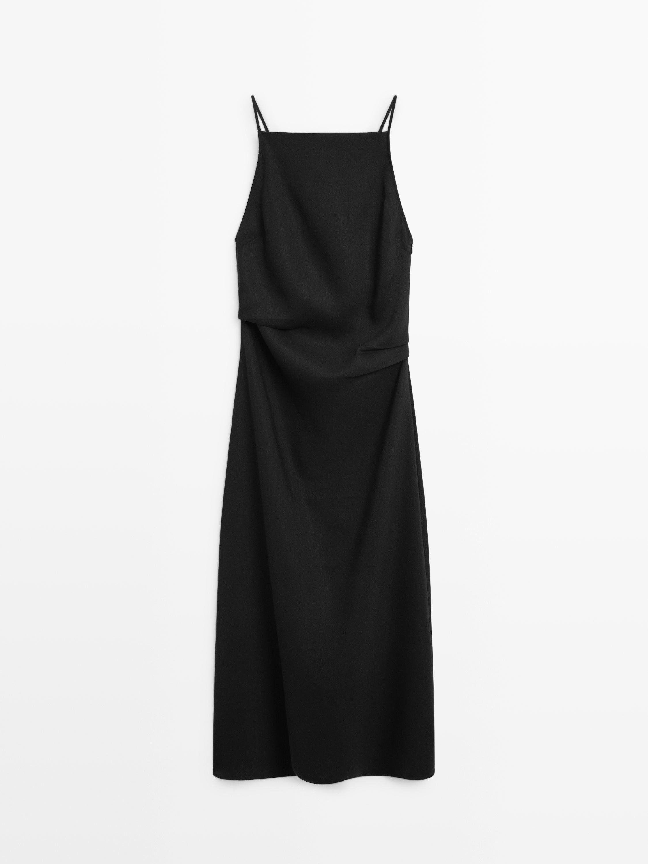 Linen blend spaghetti strap midi dress - BLACK | Massimo Dutti UK