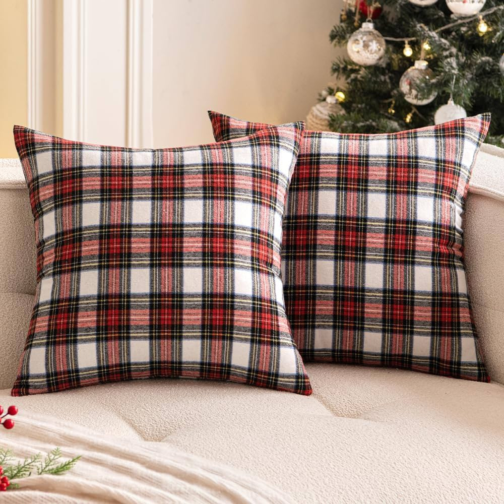 Woaboy Christmas Set of 2 Scottish Tartan Throw Pillow Covers Farmhouse Classic Plaid Decorative ... | Amazon (US)