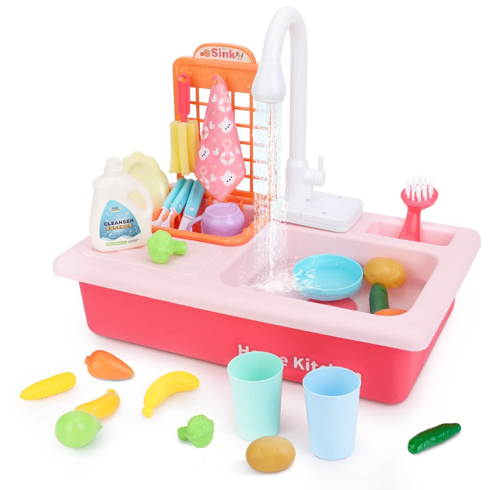 BOBXIN Play Sink with Running Water, Kids Pretend Play Kitchen Toy Sink for Toddler, Role Play Electric Dishwasher Kitchen Water Toys Set with Upgraded Working Faucet and Dishes Playset for Girl Boy | Amazon (US)