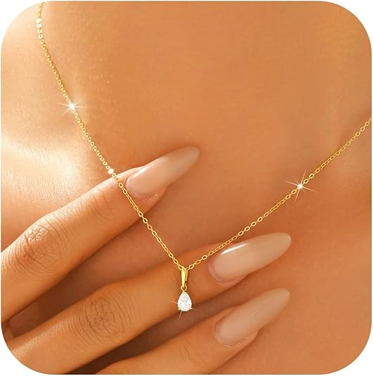 14K Gold Plated Teardrop Dainty Gold Necklace for Women Solitaire Tear Pear CZ Cubic Zirconia 925... | Amazon (US)