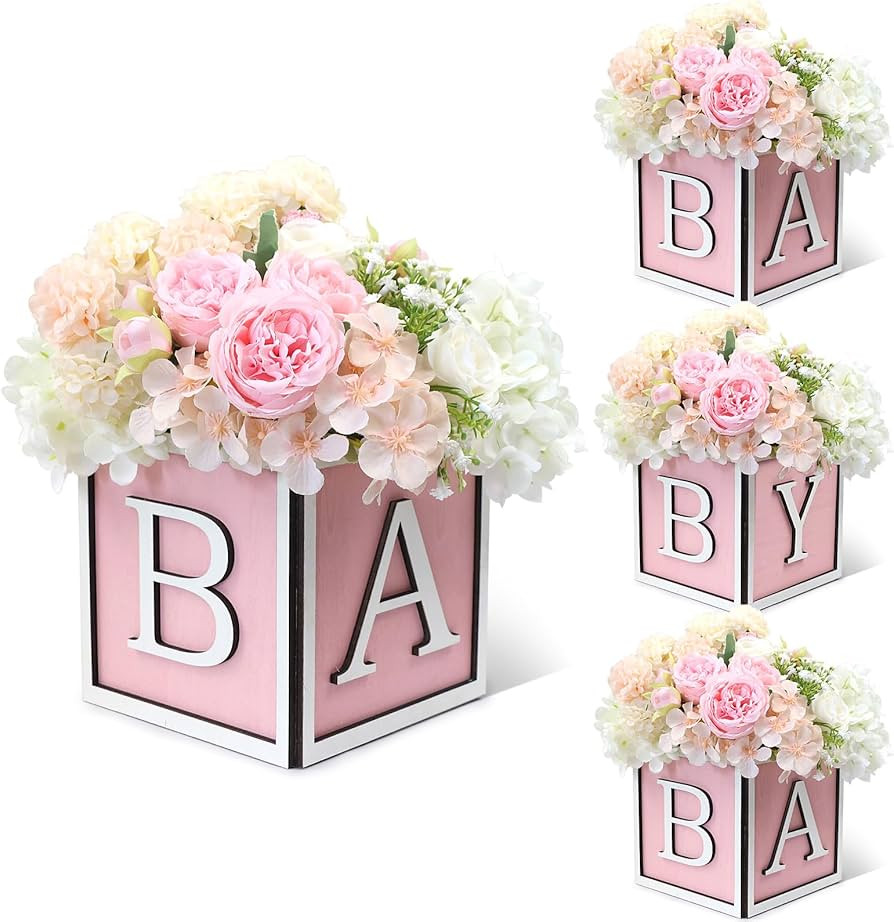 4 Set Baby Shower Centerpieces for Tables - 6 inch Wooden Boxes with Baby Letters Rustic Cube Pla... | Amazon (US)