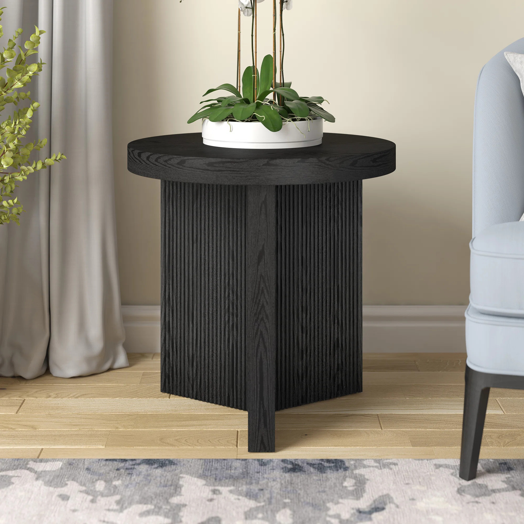 Holm 22" Round Fluted Side Table with Pedestal Base in Black Grain | Mid-Century Modern Accent Ta... | Wayfair North America