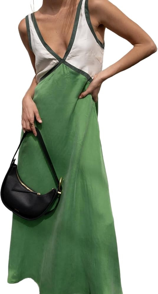 Womens Dresses Sleeveless Color Block Maxi Dress Y2K Deep V Neck Satin Dress Casual Patchwork Vac... | Amazon (US)