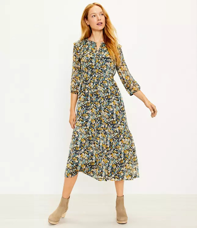 Petite Floral Ruffle Midi Shirtdress | LOFT