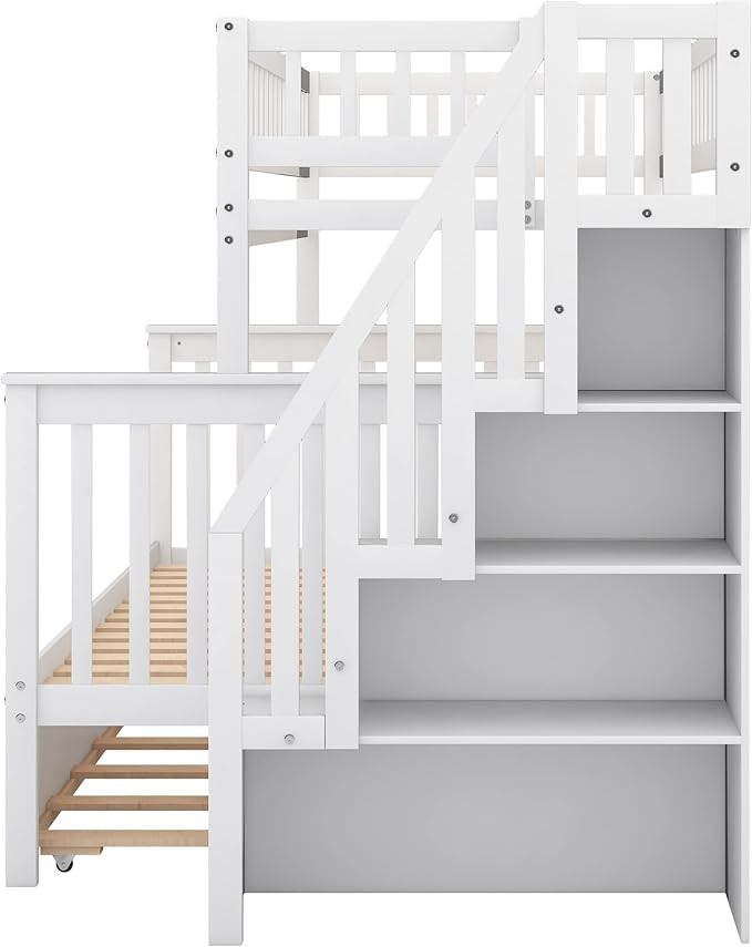 Merax Twin Over Full Bunk Bed with Trundle, Storage Staircase, and Guard Rail, No Box Spring Need... | Amazon (US)