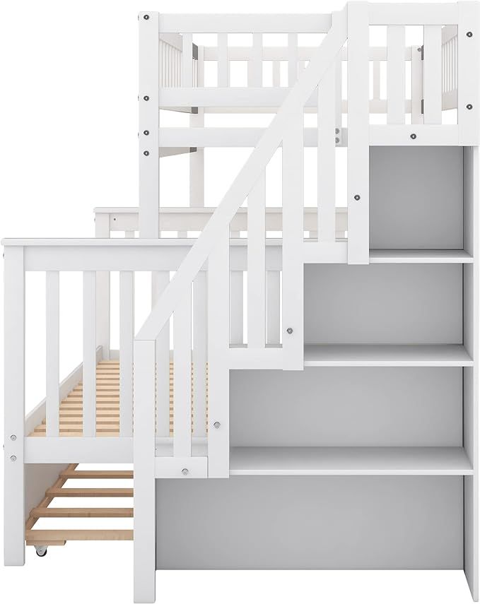 Merax Twin Over Full Bunk Bed with Trundle, Storage Staircase, and Guard Rail, No Box Spring Need... | Amazon (US)