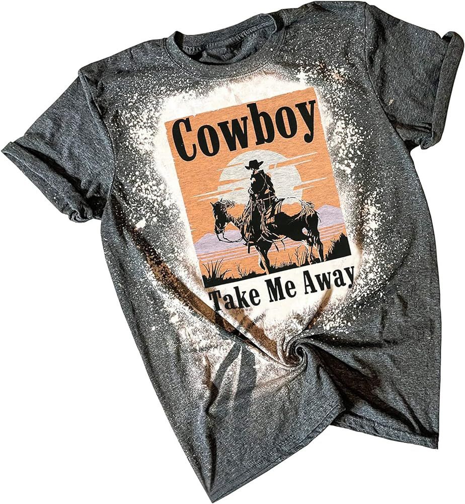 Cowboy Take Me Away Bleached Tshirt Women Western Vintage Graphic Tees Short Sleeve Rodeo Tops Count | Amazon (US)